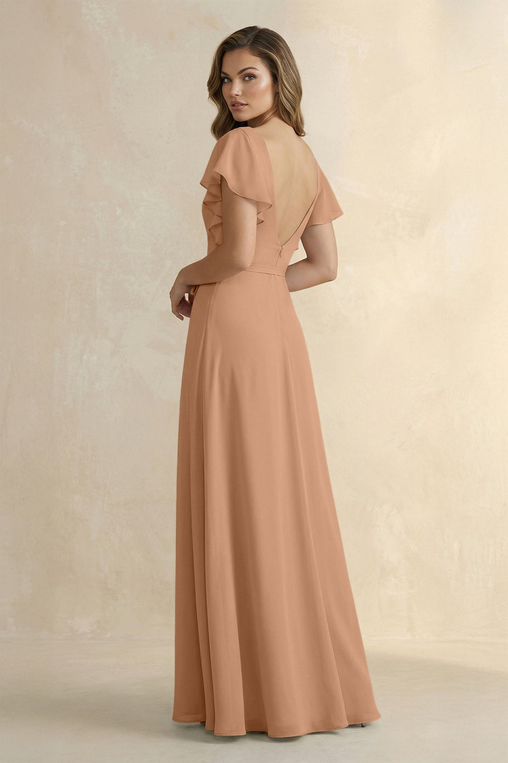 Ruffled V - Neck Chiffon A - Line Bridesmaid Dress in Bronzer - SHE IS ME Bridesmaid Dresses