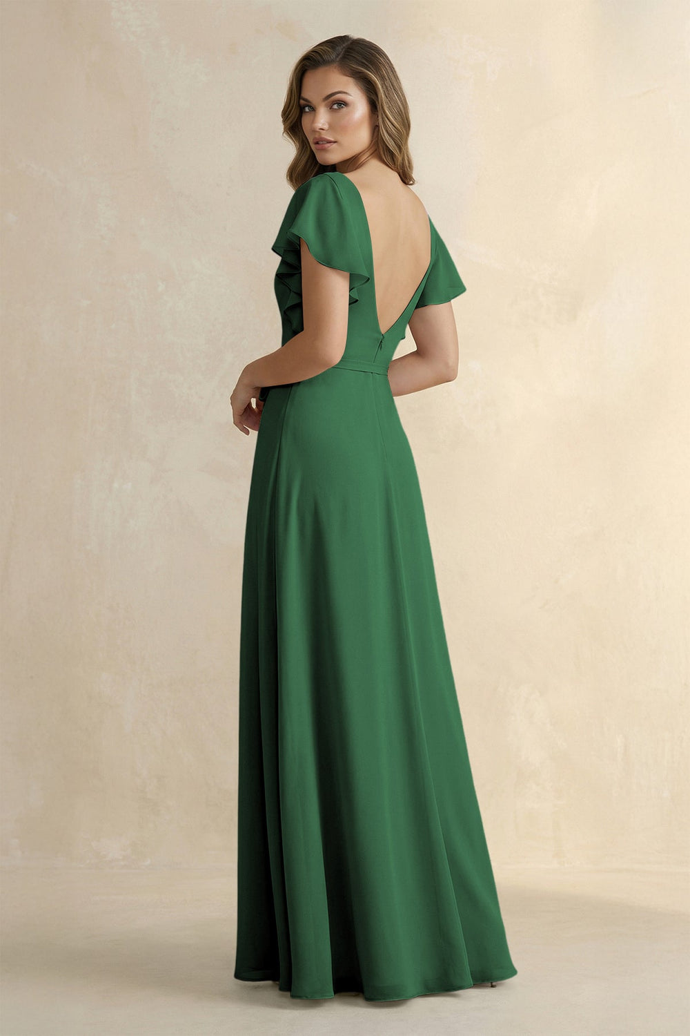 Ruffled V - Neck Chiffon A - Line Bridesmaid Dress in Dark Green - SHE IS ME Bridesmaid Dresses