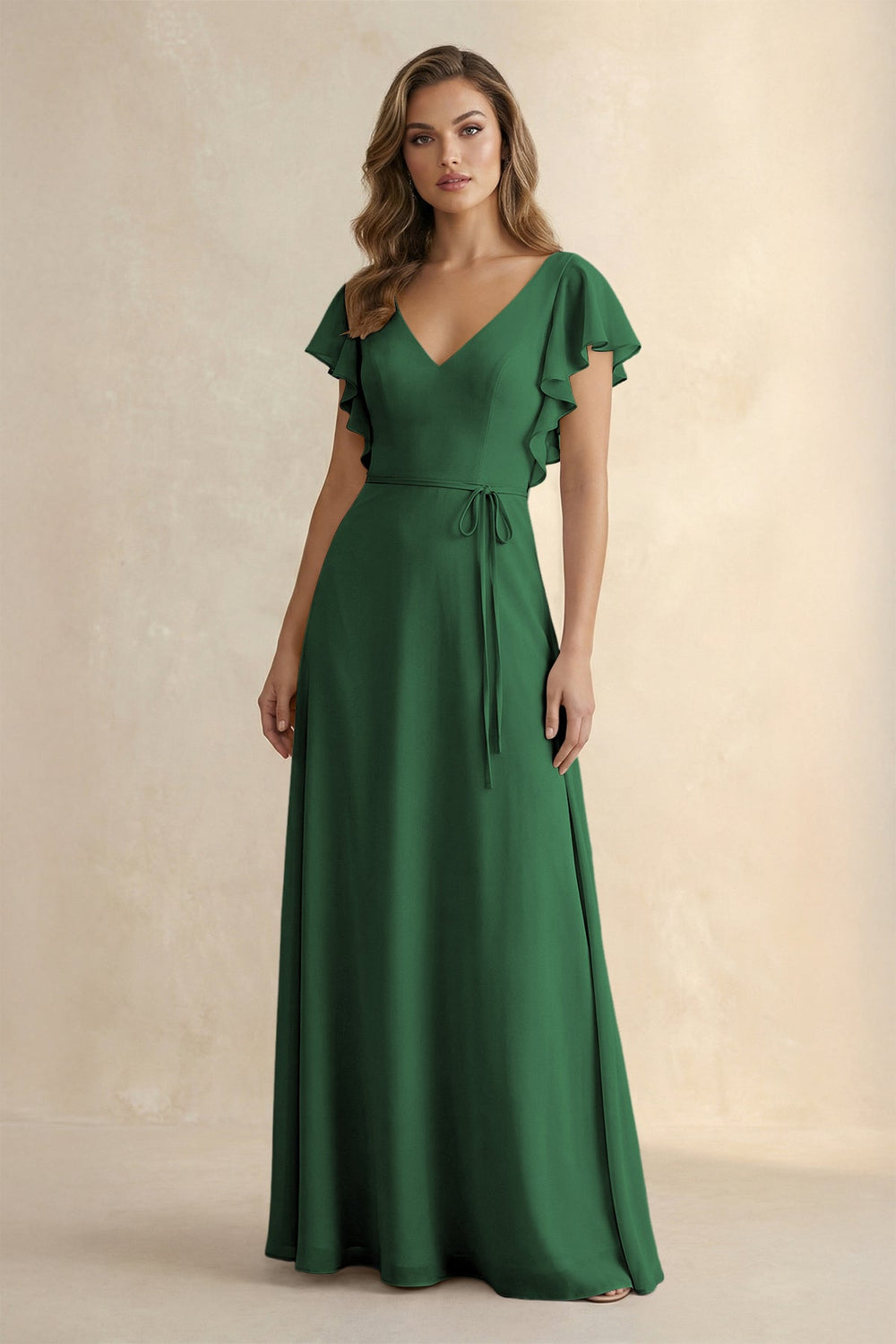 Ruffled V - Neck Chiffon A - Line Bridesmaid Dress in Dark Green - SHE IS ME Bridesmaid Dresses
