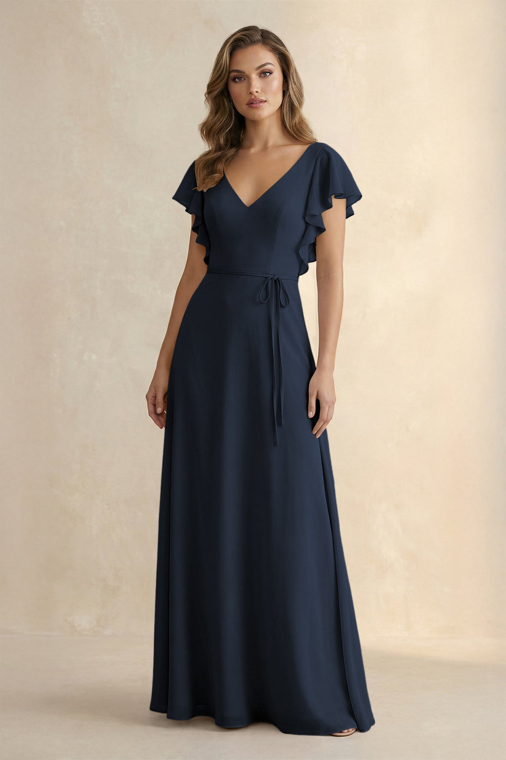 Ruffled V - Neck Chiffon A - Line Bridesmaid Dress in Dark Navy - SHE IS ME Bridesmaid Dresses