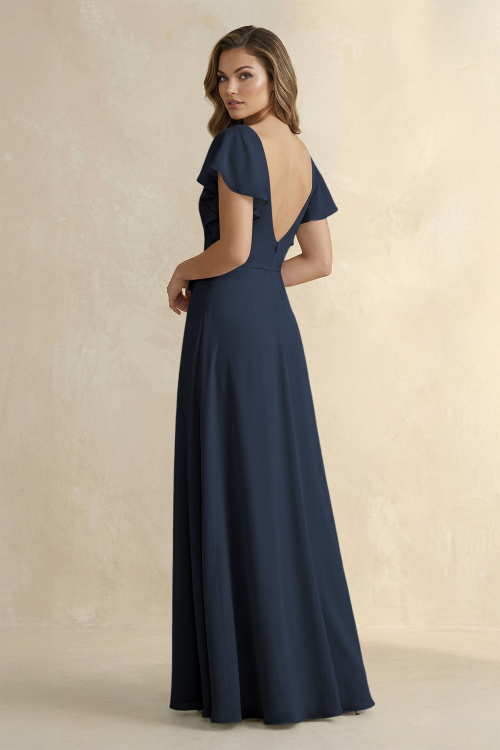 Ruffled V - Neck Chiffon A - Line Bridesmaid Dress in Dark Navy - SHE IS ME Bridesmaid Dresses
