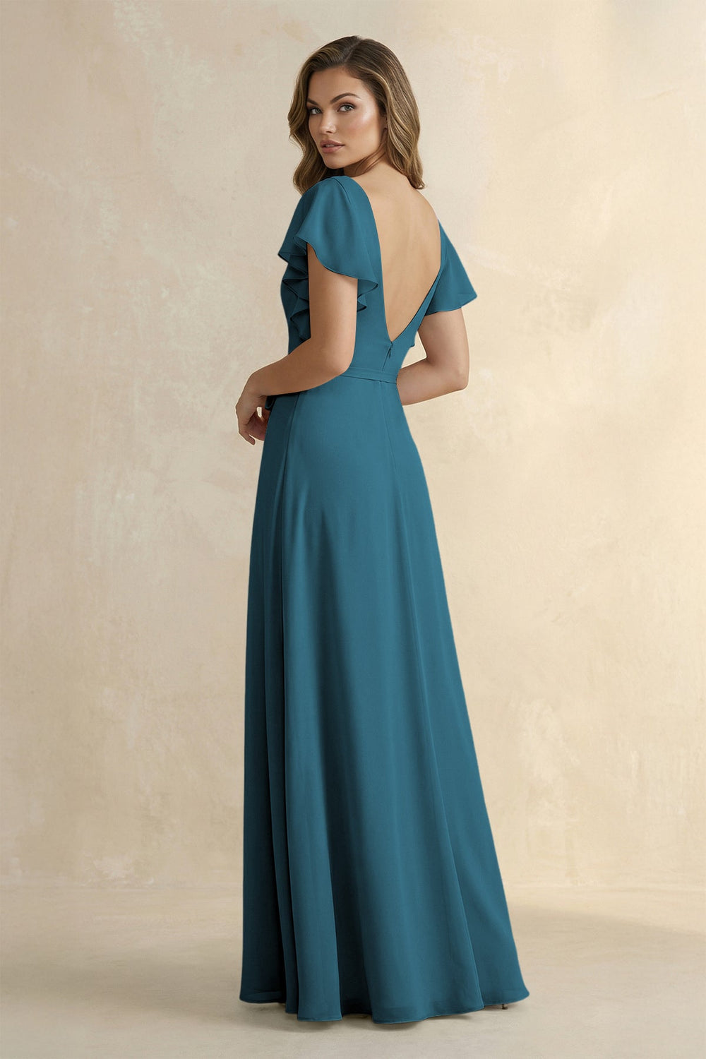 Ruffled V - Neck Chiffon A - Line Bridesmaid Dress in Dark Teal - SHE IS ME Bridesmaid Dresses