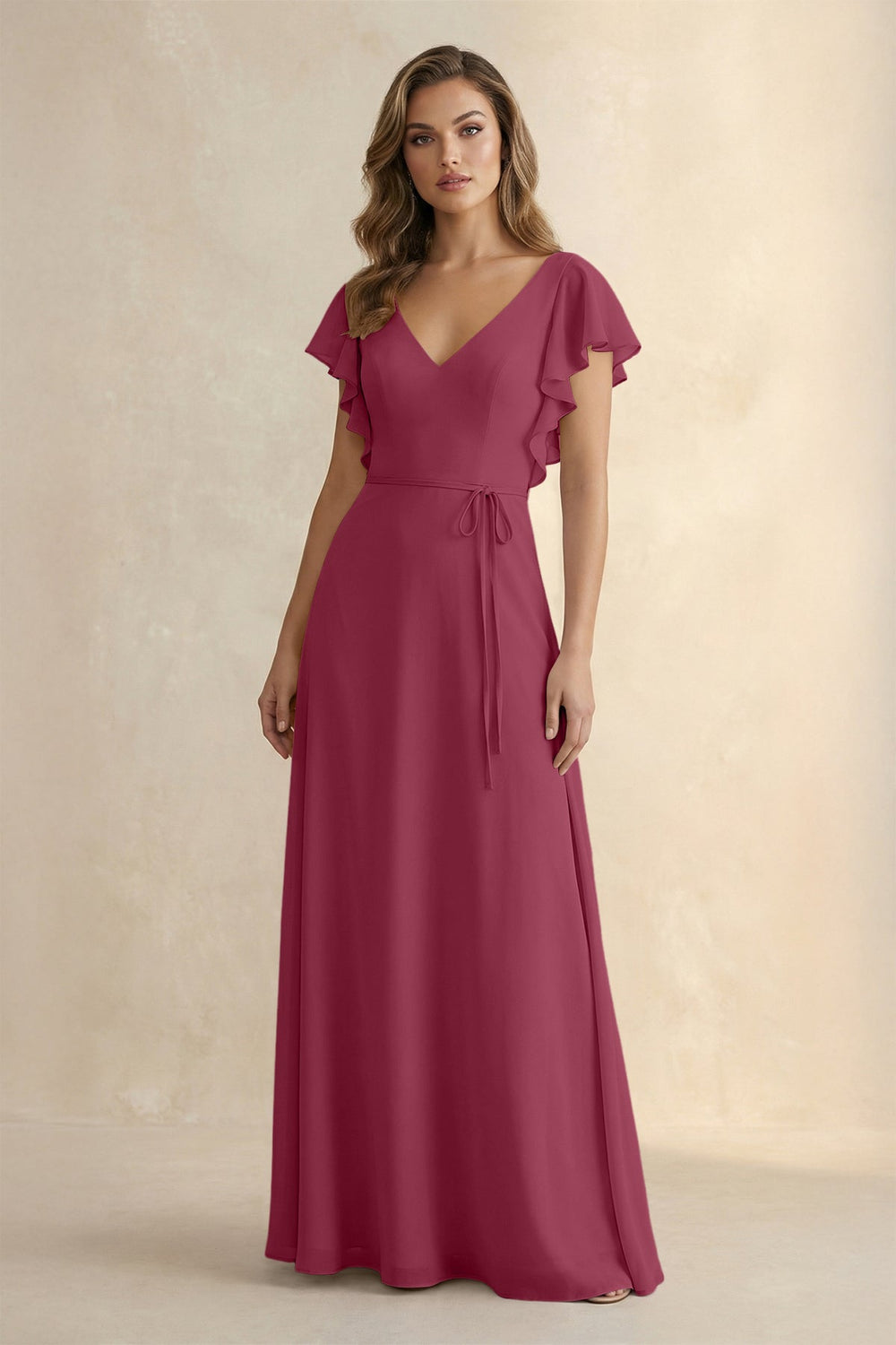Ruffled V - Neck Chiffon A - Line Bridesmaid Dress in Desert Rose - SHE IS ME Bridesmaid Dresses