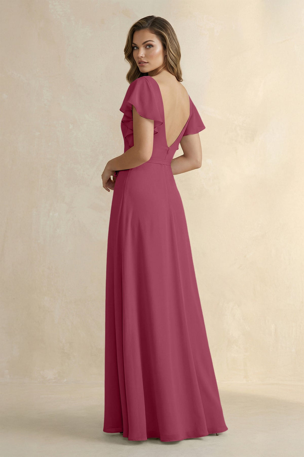 Ruffled V - Neck Chiffon A - Line Bridesmaid Dress in Desert Rose - SHE IS ME Bridesmaid Dresses