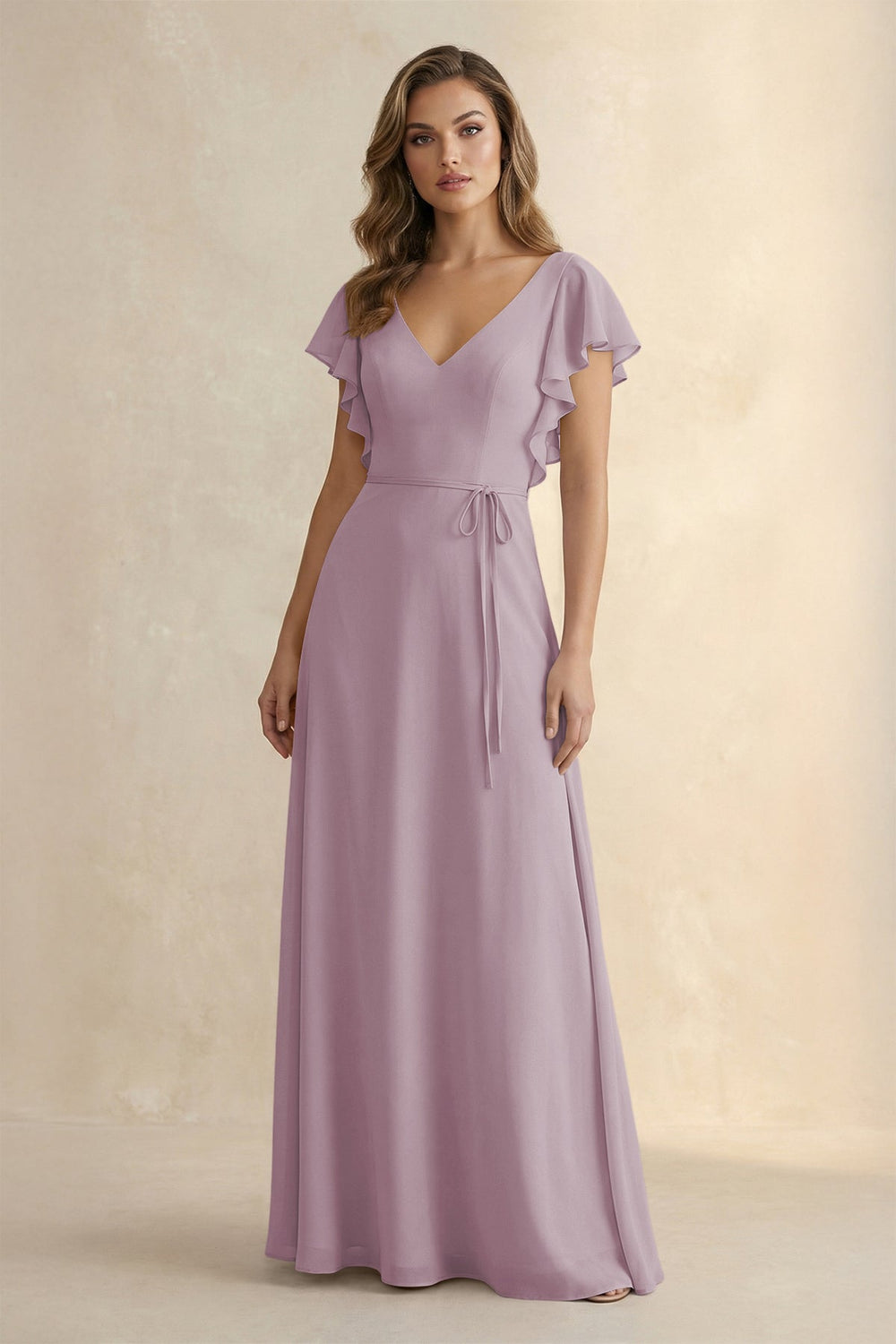 Ruffled V - Neck Chiffon A - Line Bridesmaid Dress in Dusk - SHE IS ME Bridesmaid Dresses