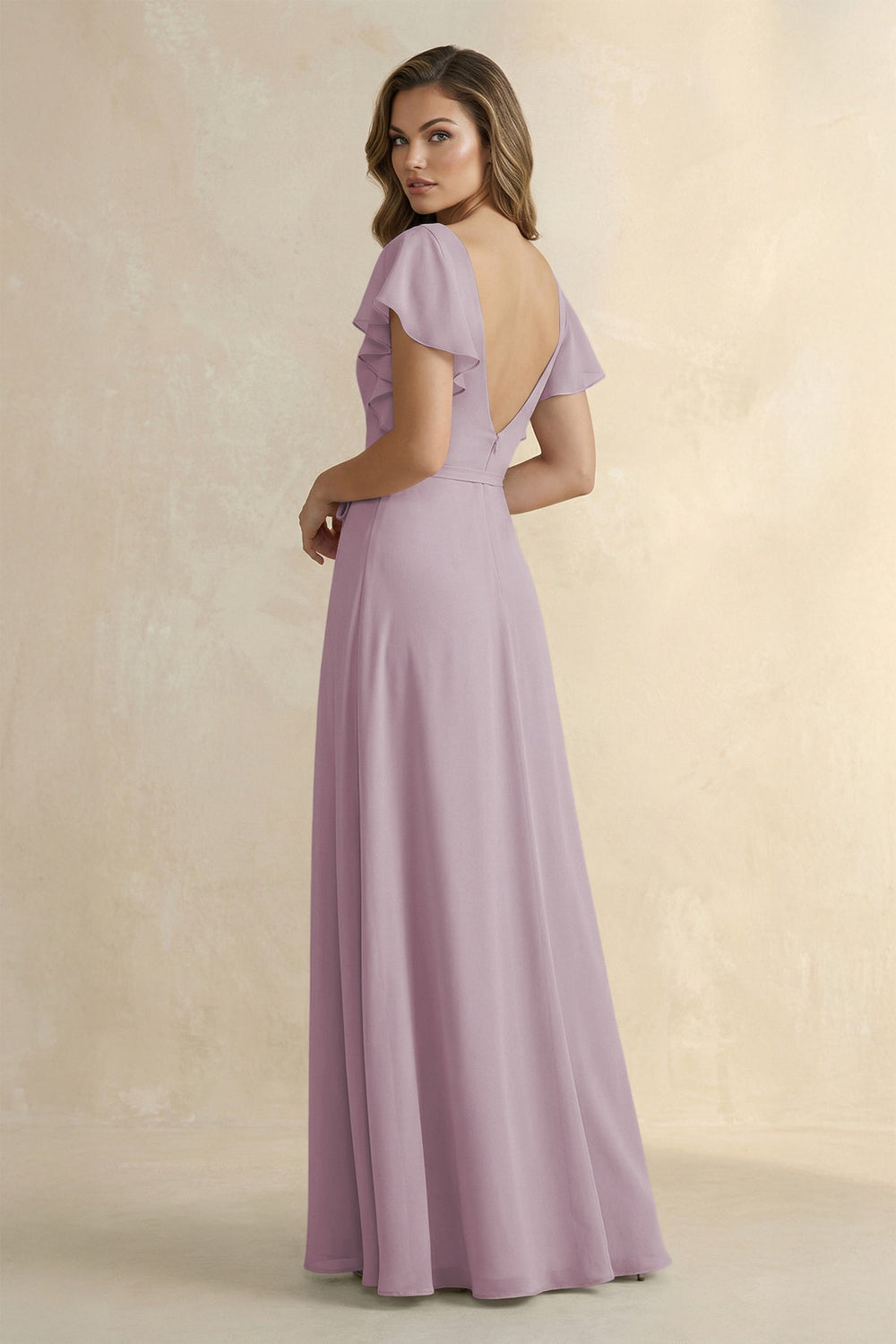 Ruffled V - Neck Chiffon A - Line Bridesmaid Dress in Dusk - SHE IS ME Bridesmaid Dresses