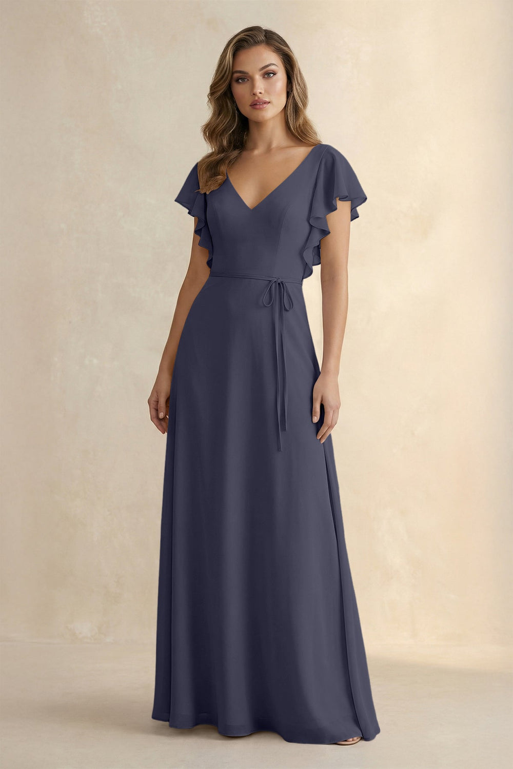 Ruffled V - Neck Chiffon A - Line Bridesmaid Dress in Dusk Blue - SHE IS ME Bridesmaid Dresses