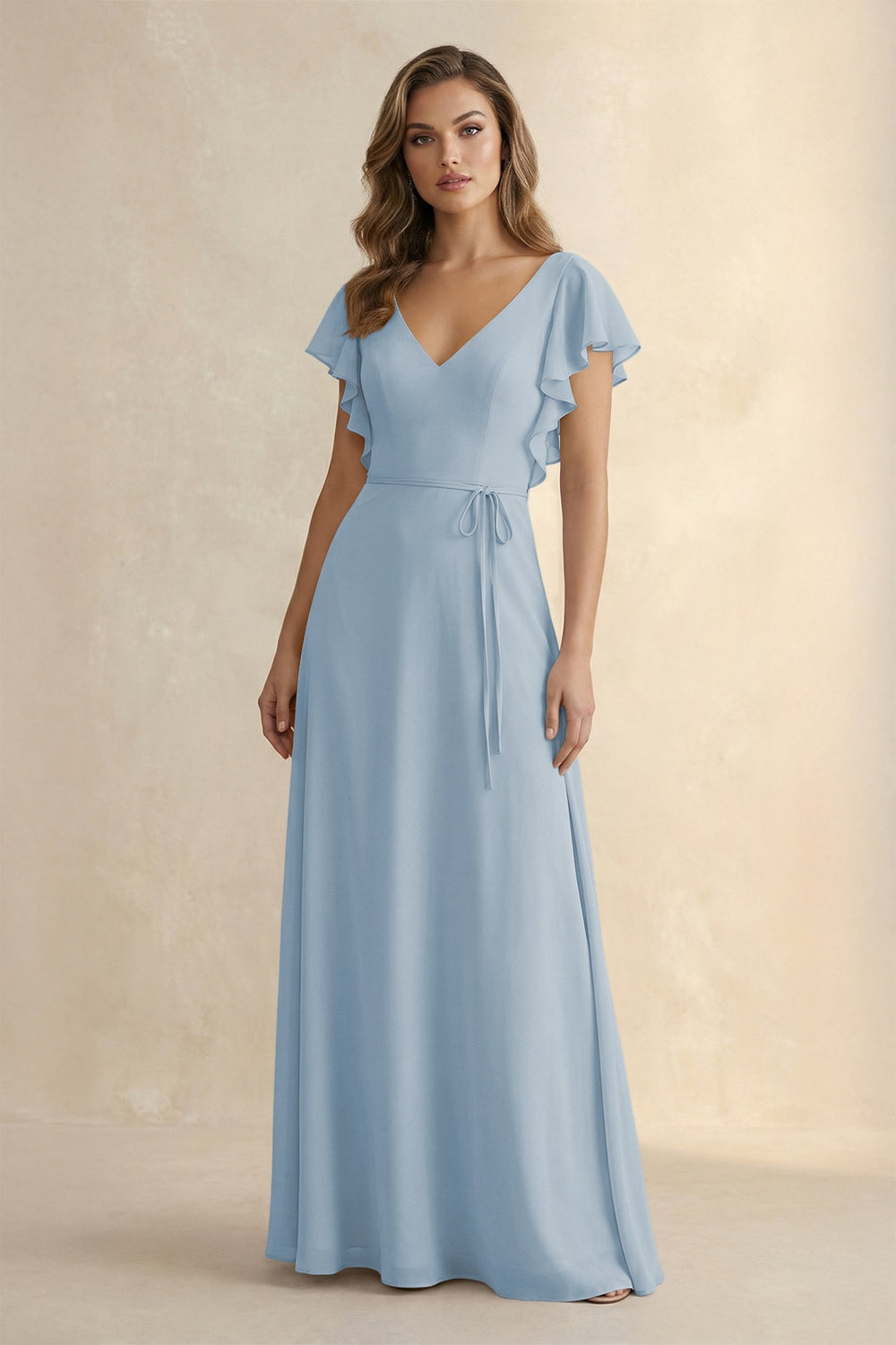 Ruffled V - Neck Chiffon A - Line Bridesmaid Dress in Dusty Blue - SHE IS ME Bridesmaid Dresses