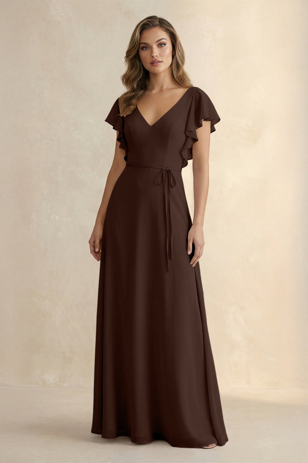 Ruffled V - Neck Chiffon A - Line Bridesmaid Dress in Espresso - SHE IS ME Bridesmaid Dresses