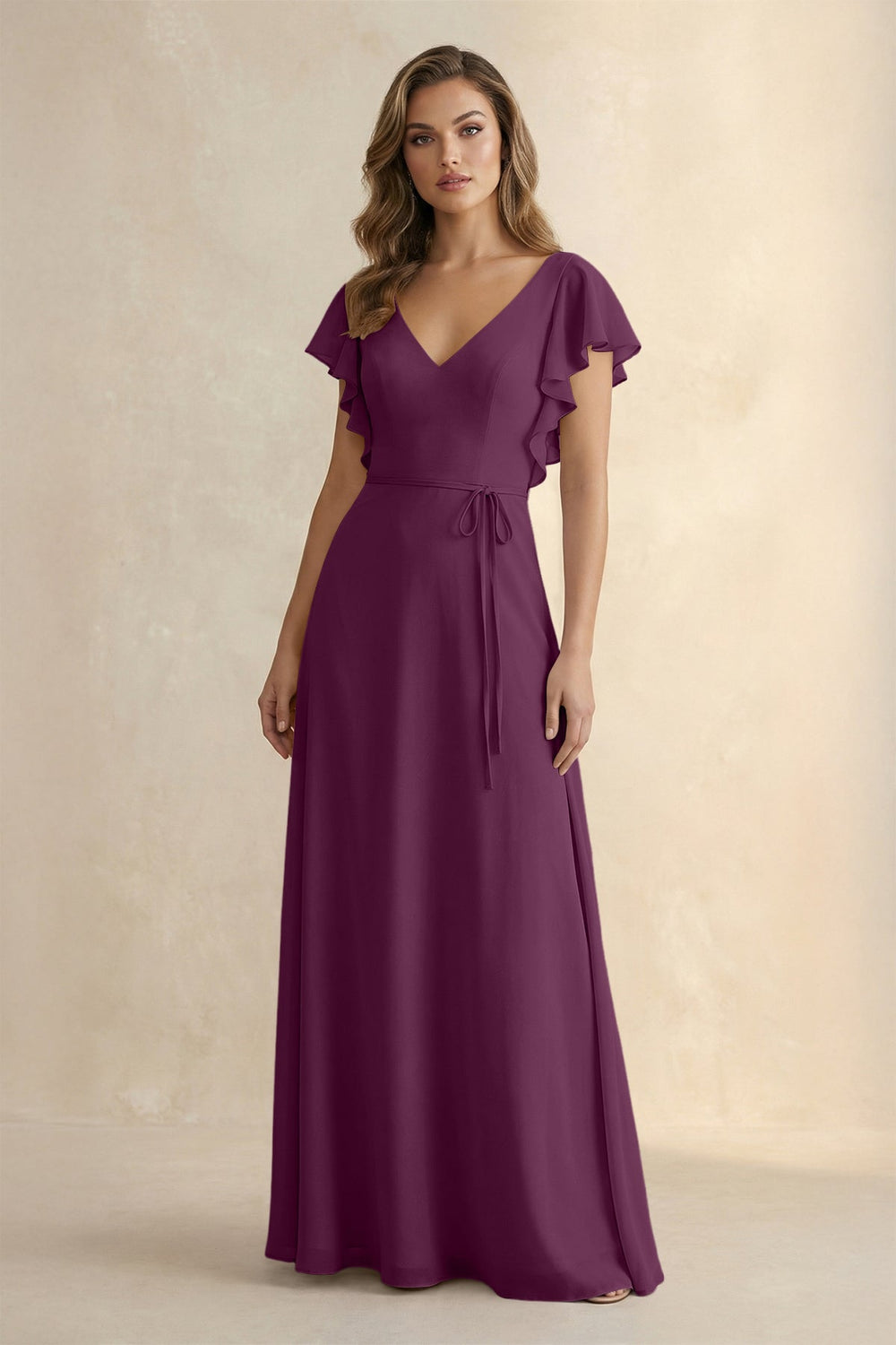 Ruffled V - Neck Chiffon A - Line Bridesmaid Dress in Fig - SHE IS ME Bridesmaid Dresses