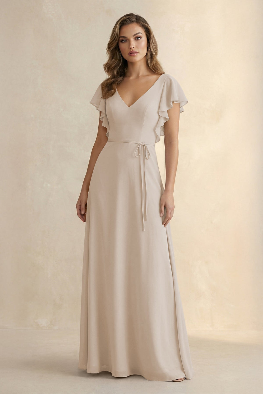Ruffled V - Neck Chiffon A - Line Bridesmaid Dress in Frost - SHE IS ME Bridesmaid Dresses