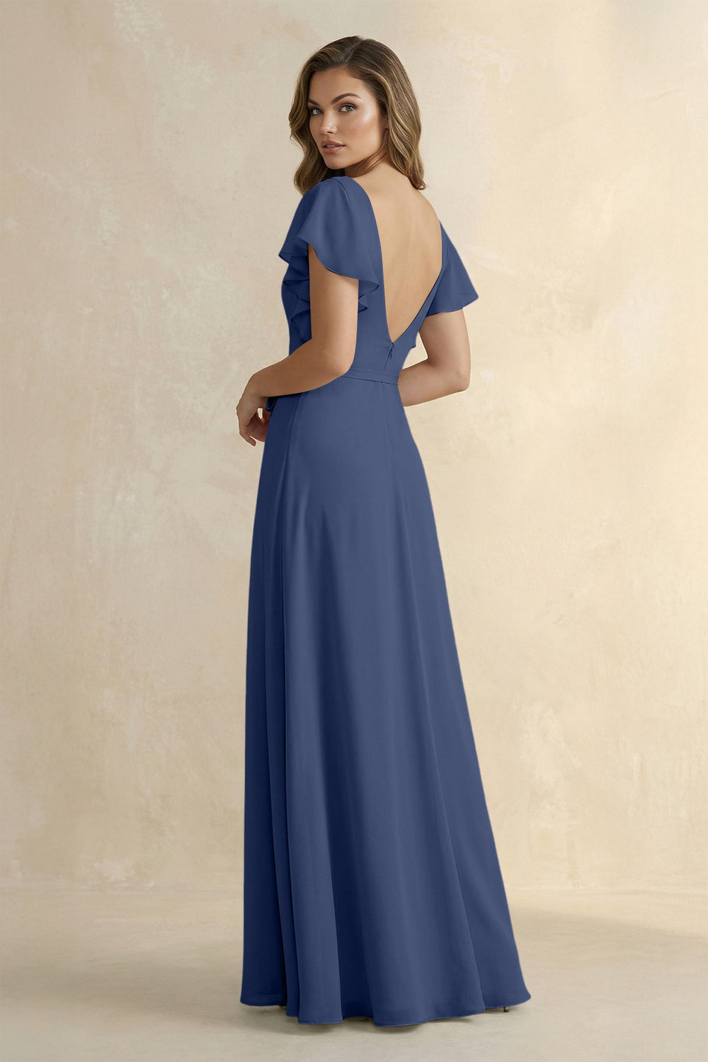 Ruffled V - Neck Chiffon A - Line Bridesmaid Dress in Navy - SHE IS ME Bridesmaid Dresses