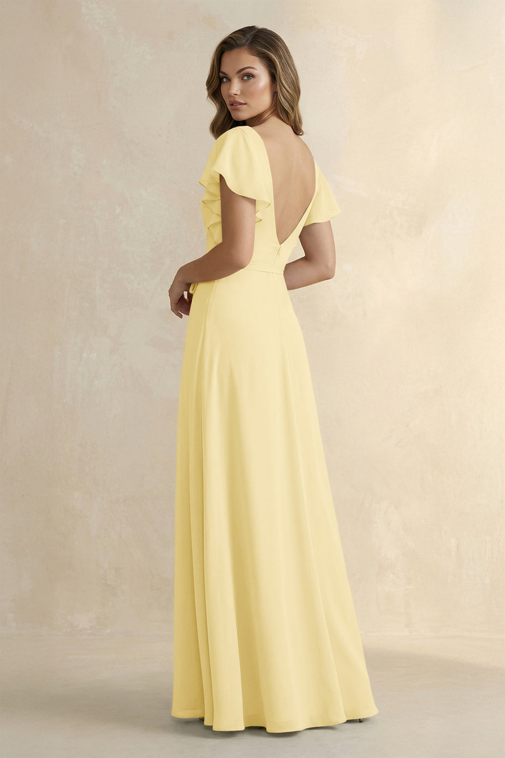 Ruffled V - Neck Chiffon A - Line Bridesmaid Dress in Pastel Yellow - SHE IS ME Bridesmaid Dresses
