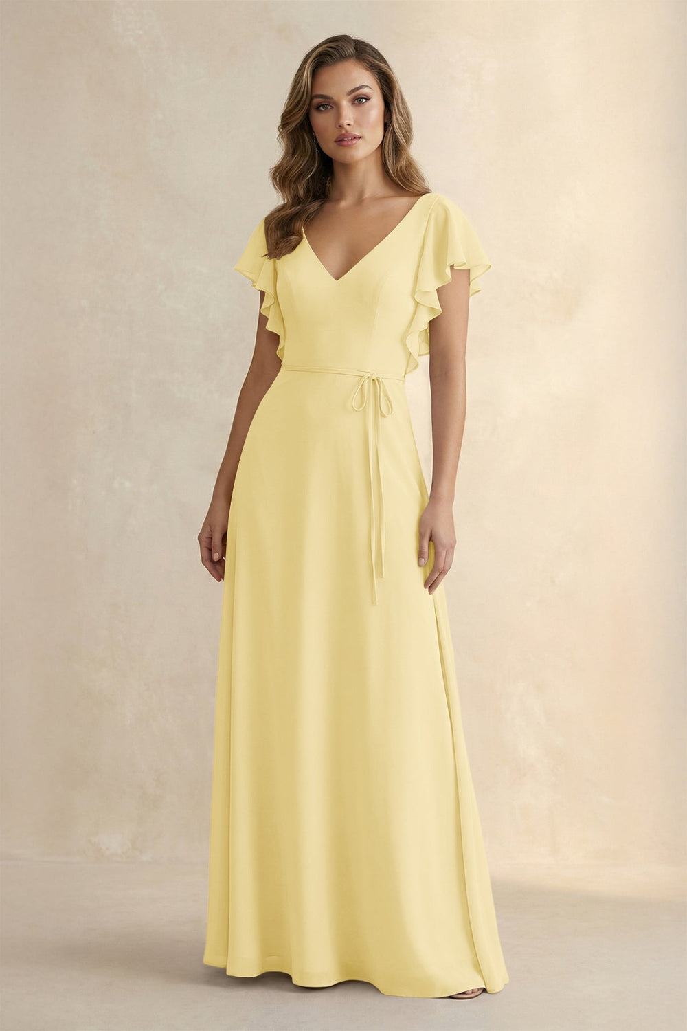 Ruffled V - Neck Chiffon A - Line Bridesmaid Dress in Pastel Yellow - SHE IS ME Bridesmaid Dresses