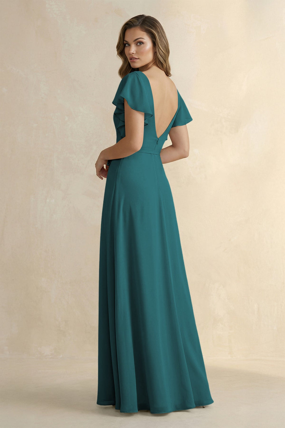 Ruffled V - Neck Chiffon A - Line Bridesmaid Dress in Pine - SHE IS ME Bridesmaid Dresses