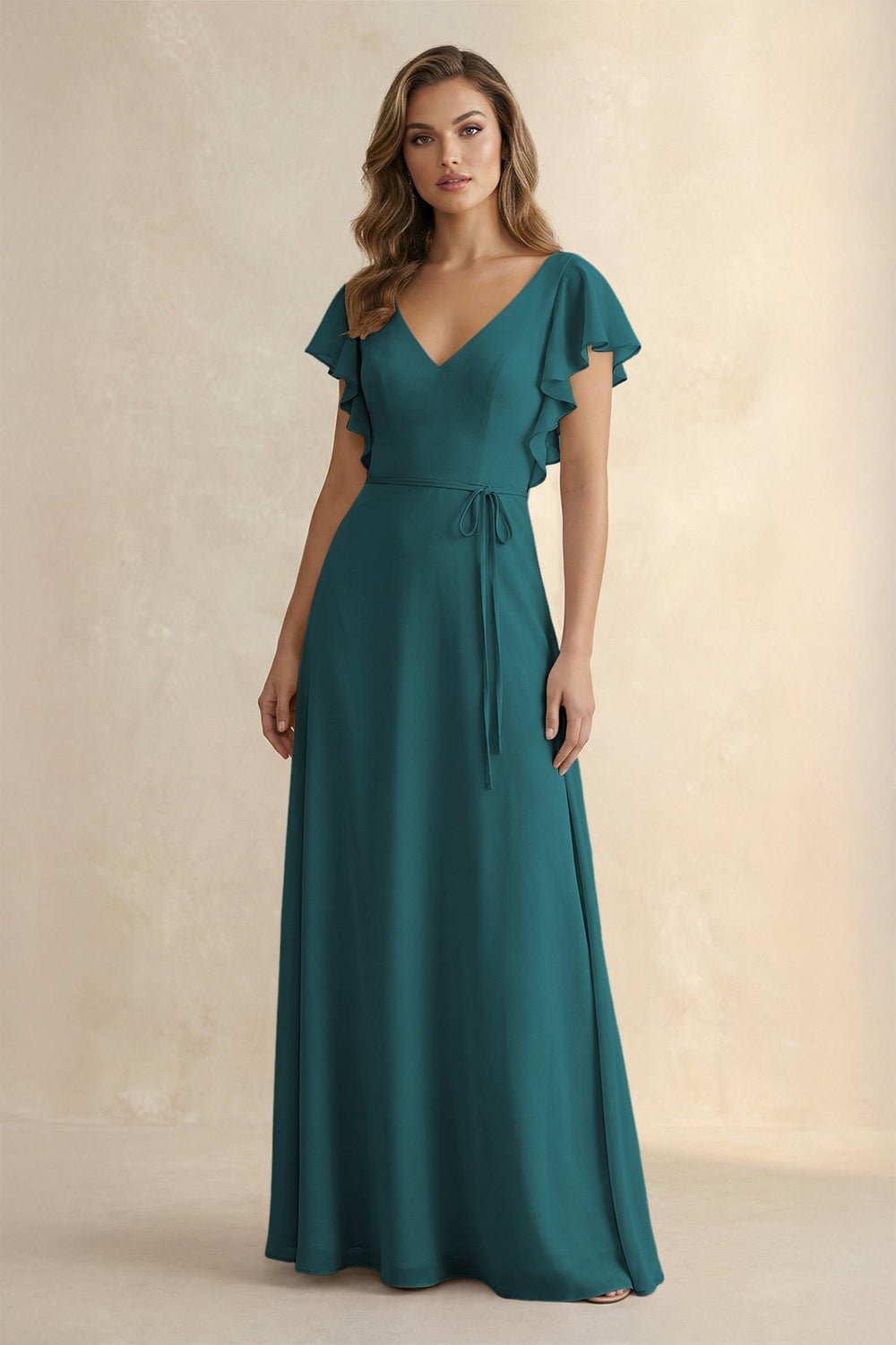 Ruffled V - Neck Chiffon A - Line Bridesmaid Dress in Pine - SHE IS ME Bridesmaid Dresses