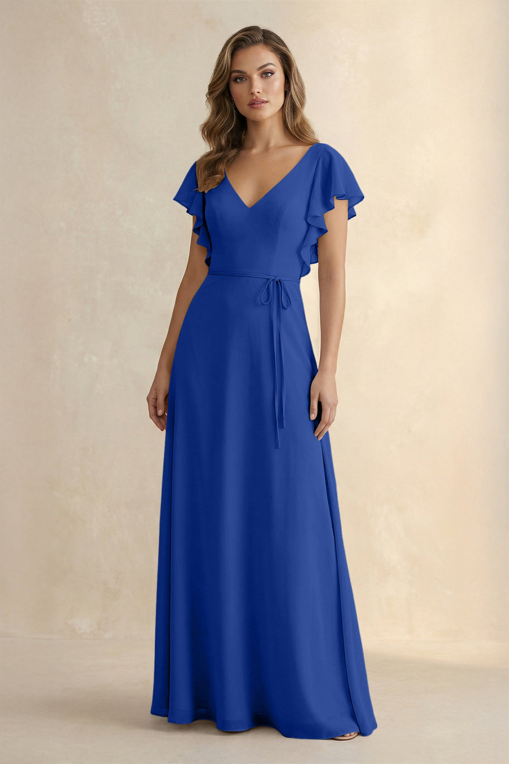 Ruffled V - Neck Chiffon A - Line Bridesmaid Dress in Royal Blue - SHE IS ME Bridesmaid Dresses