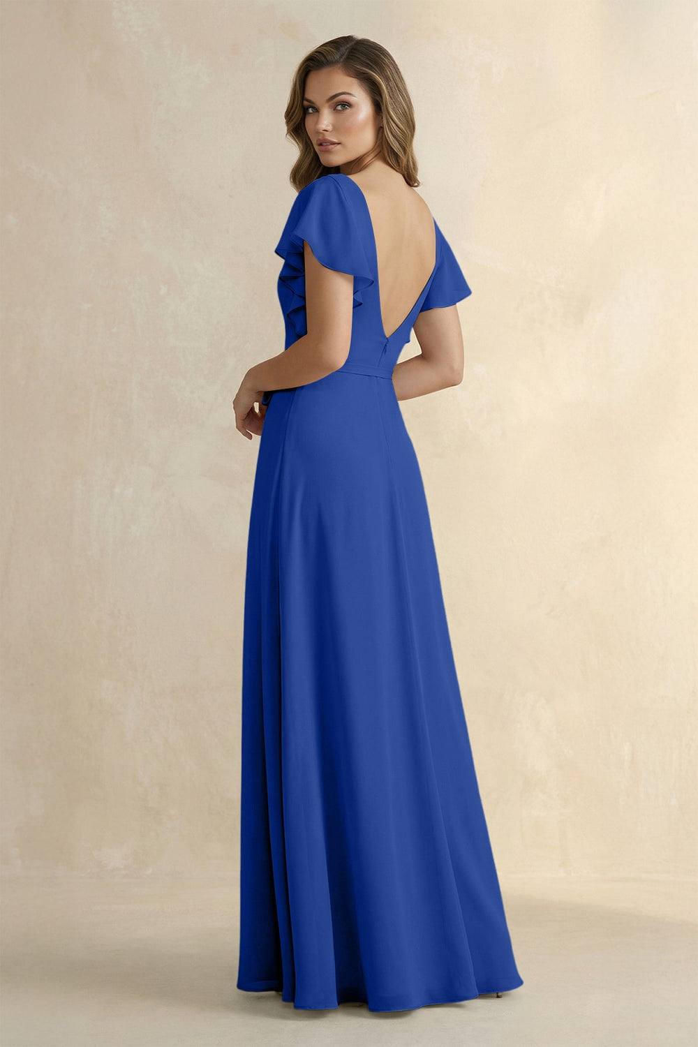 Ruffled V - Neck Chiffon A - Line Bridesmaid Dress in Royal Blue - SHE IS ME Bridesmaid Dresses