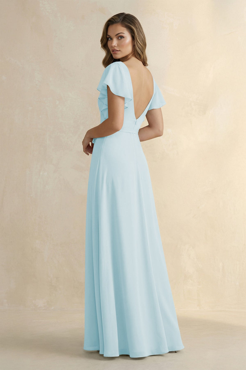 Ruffled V - Neck Chiffon A - Line Bridesmaid Dress in Sky Blue - SHE IS ME Bridesmaid Dresses