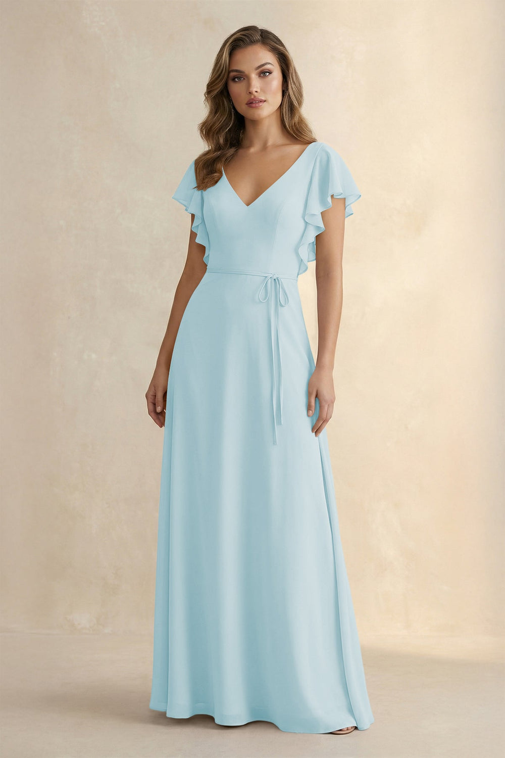 Ruffled V - Neck Chiffon A - Line Bridesmaid Dress in Sky Blue - SHE IS ME Bridesmaid Dresses