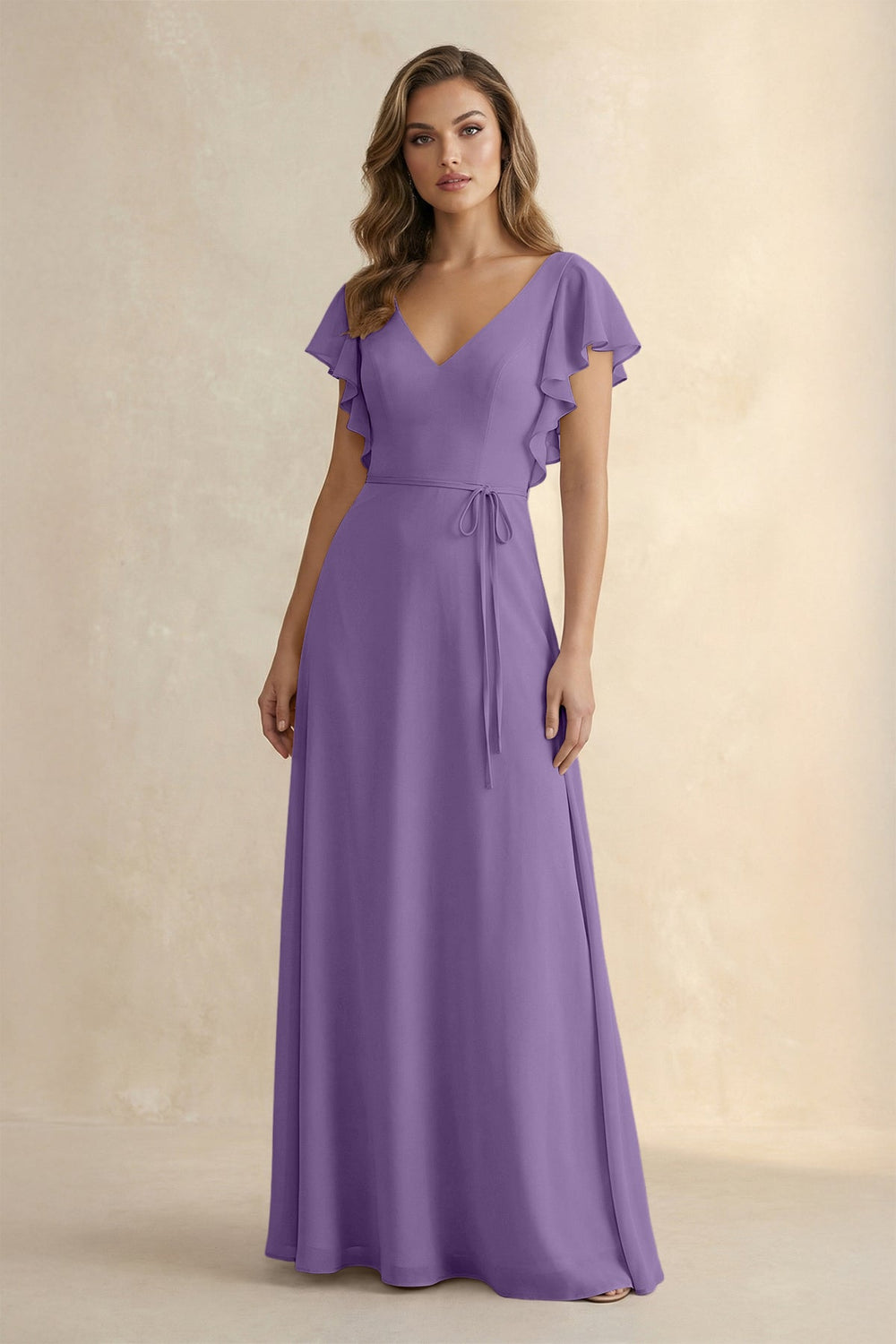 Ruffled V - Neck Chiffon A - Line Bridesmaid Dress in Tahiti - SHE IS ME Bridesmaid Dresses