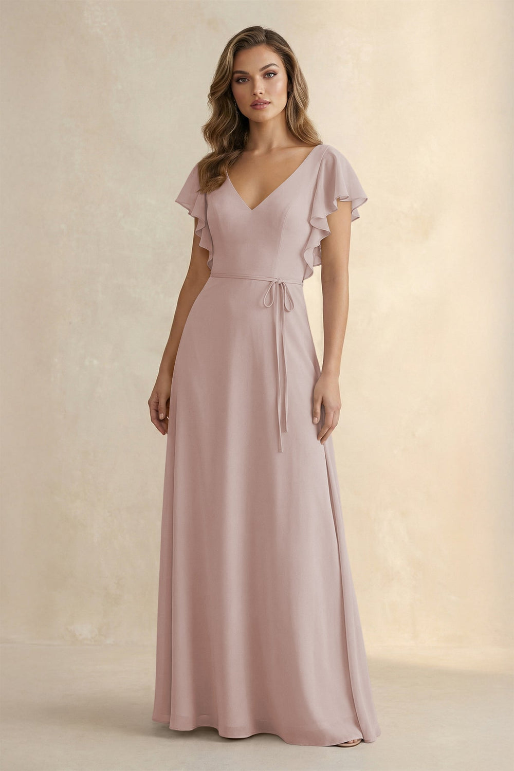 Ruffled V - Neck Chiffon A - Line Bridesmaid Dress in Toffee - SHE IS ME Bridesmaid Dresses