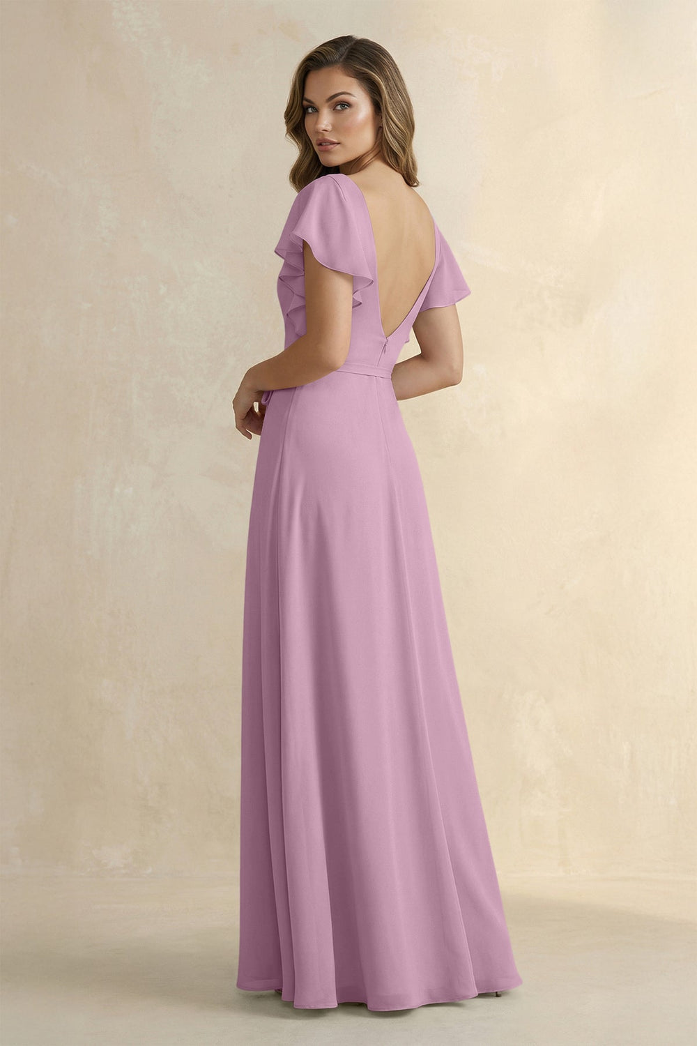 Ruffled V - Neck Chiffon A - Line Bridesmaid Dress in Wisteria - SHE IS ME Bridesmaid Dresses