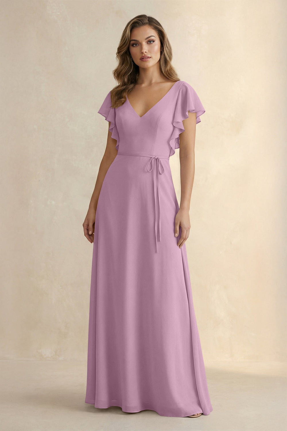Ruffled V - Neck Chiffon A - Line Bridesmaid Dress in Wisteria - SHE IS ME Bridesmaid Dresses