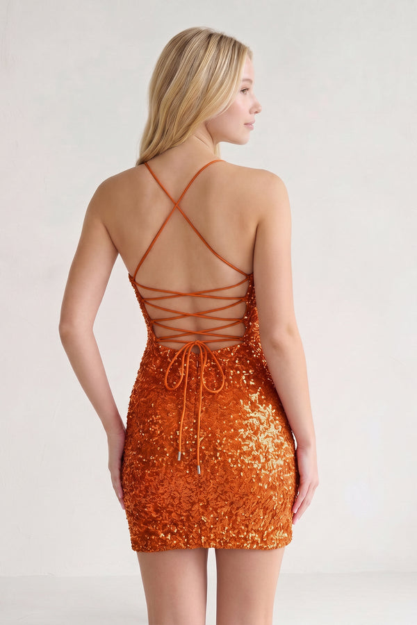 Rust Glitter Rust Sequin Spaghetti Straps Lace Up Tight Mini Party Dresses-SHEISME