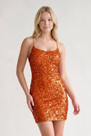 Rust Glitter Rust Sequin Spaghetti Straps Lace Up Tight Mini Party Dresses-SHEISME
