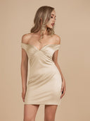 Ryna | Champagne - Bodycon Off the Shoulder Satin Short Homecoming Dresses