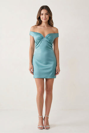 Ryna | Turquoise - Bodycon Off the Shoulder Satin Short Homecoming Dresses