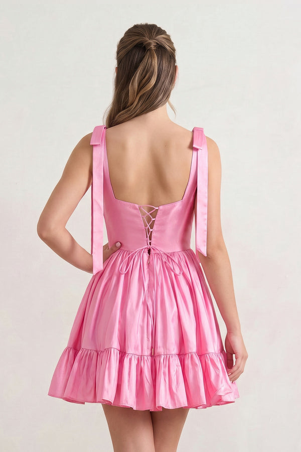 Sabrina | A-line Sweetheart Pink Ruffled Taffeta Homecoming Dress With Bow Straps