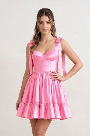 Sabrina | A-line Sweetheart Pink Ruffled Taffeta Homecoming Dress With Bow Straps