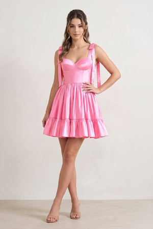 Sabrina | A-line Sweetheart Pink Ruffled Taffeta Homecoming Dress With Bow Straps