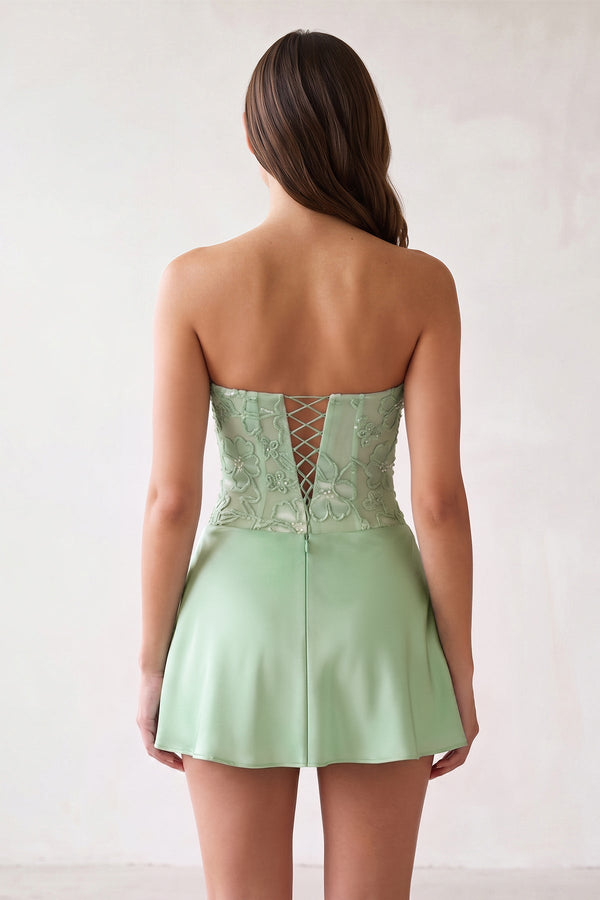 Sage Green Embroidered A-Line Strapless Satin Homecoming Dress | SHEISME