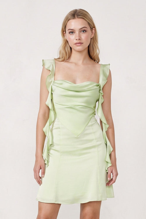 Sage Green Ruffled Sheath Square Neck Satin Ruched Homecoming Dress | SHEISME