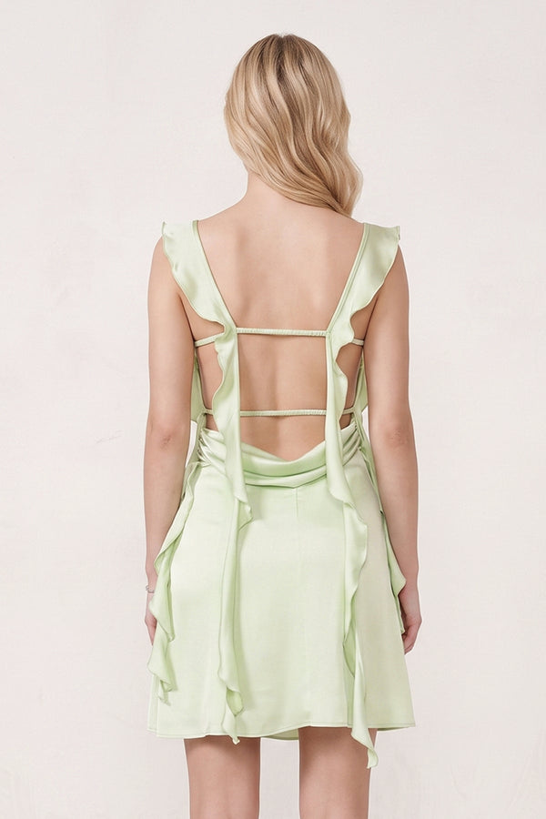Sage Green Ruffled Sheath Square Neck Satin Ruched Homecoming Dress (2) | SHEISME