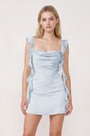 Sky Blue Ruffled Sheath Square Neck Satin Ruched Homecoming Dress | SHEISME