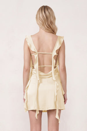 Yellow Ruffled Sheath Square Neck Satin Ruched Homecoming Dress (2) | SHEISME