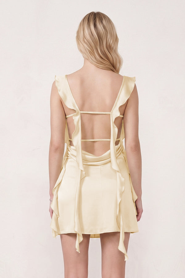 Yellow Ruffled Sheath Square Neck Satin Ruched Homecoming Dress (2) | SHEISME