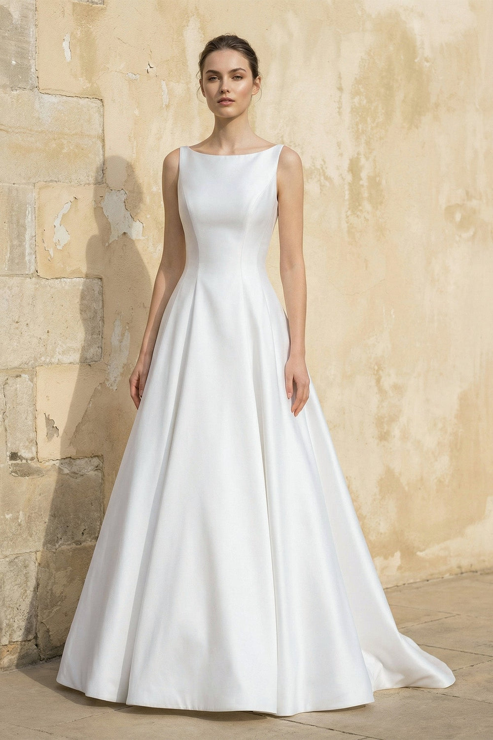 Satin A Line Open Back Ball Gown With Bow in White - SHE IS ME Wedding Dresses