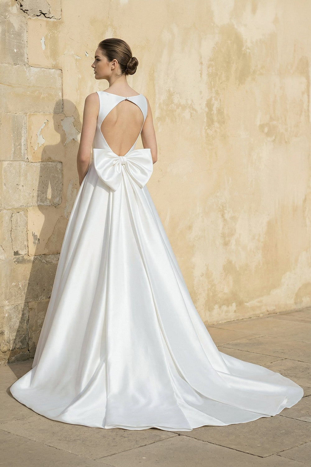 Satin A Line Open Back Ball Gown With Bow in White - SHE IS ME Wedding Dresses