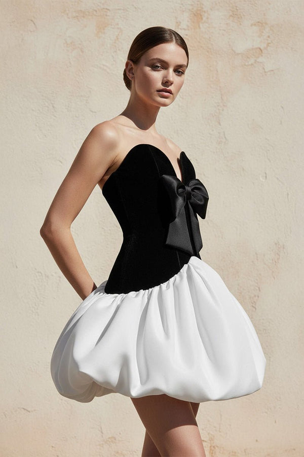 Satin and Velvet Corset Mini Dress in Black and White - SHE IS ME