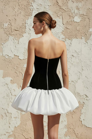 Sheisme | Black and White Satin Velvet Strapless A-Line Short Cocktail Evening Dress