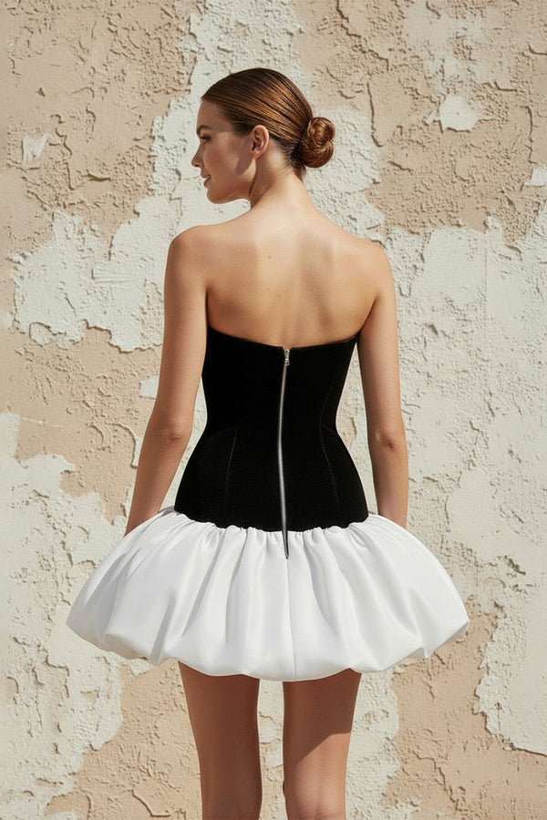Sheisme | Black and White Satin Velvet Strapless A-Line Short Cocktail Evening Dress