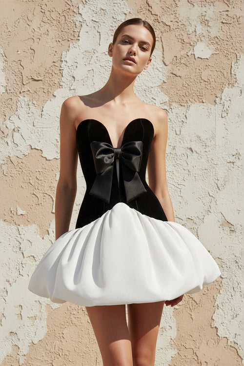 Sheisme | Black and White Satin Velvet Strapless A-Line Short Cocktail Evening Dress