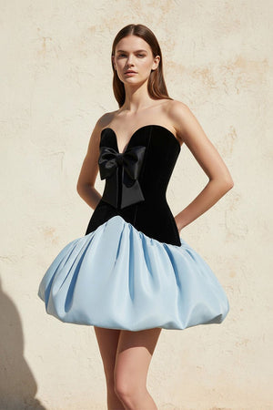 Satin and Velvet Corset Mini Dress in Blue and Black - SHE IS ME