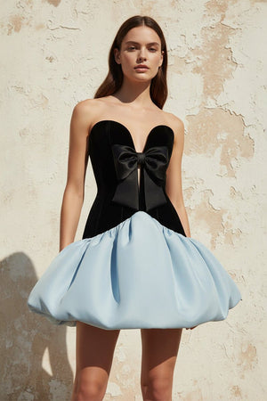 Satin and Velvet Corset Mini Dress in Blue and Black - SHE IS ME