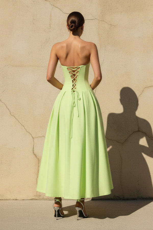 Sheisme-Sage Taffeta Strapless A-Line Midi Evening Formal Dress